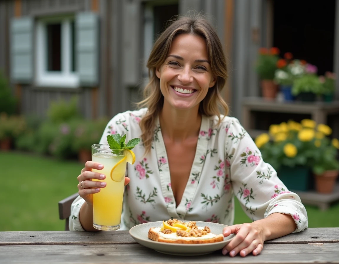 Femme savourant une tartine au chèvre et une limonade maison à la guinguette de la ferme à Bondues