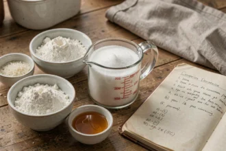 Tasse à mesurer américaine remplie de sucre blanc sur un plan de travail en bois avec des bols de farine, riz et miel et un carnet de conversion