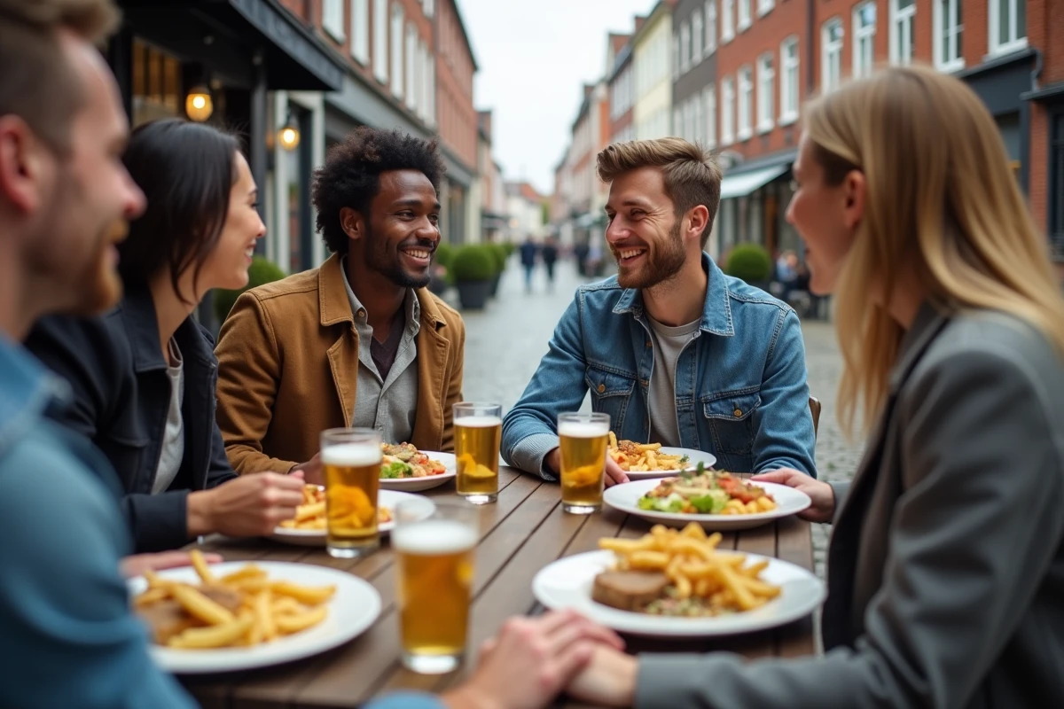 Groupe d'amis déjeunant en terrasse dans le Vieux-Lille le dimanche, plats flamands et bières locales sur la table