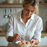 Femme testant la fraîcheur des œufs dans la cuisine