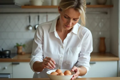 Femme testant la fraîcheur des œufs dans la cuisine