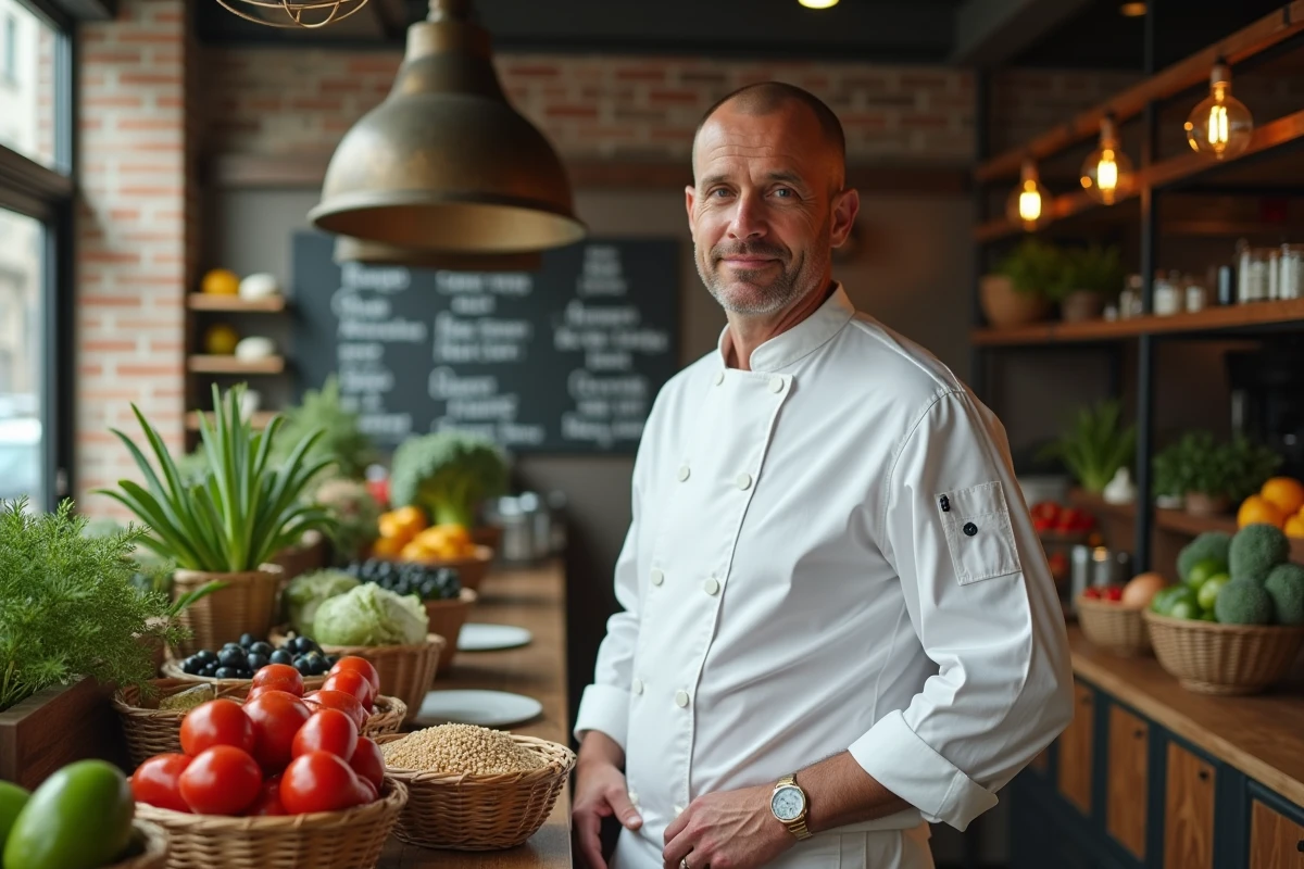 Thierry Marx dans une cuisine sociale parisienne entourée de paniers de légumes locaux et de circuits courts, devant un tableau ardoise de saison