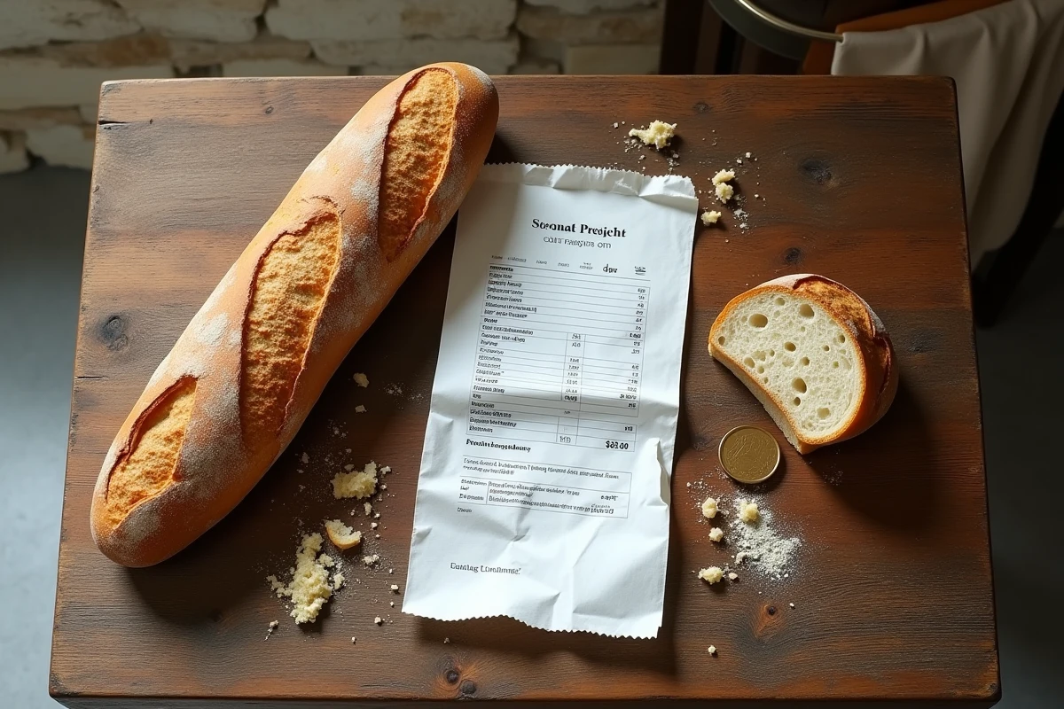 Vue de dessus d'un ticket de caisse posé à côté d'une baguette fraîche sur une table en bois rustique