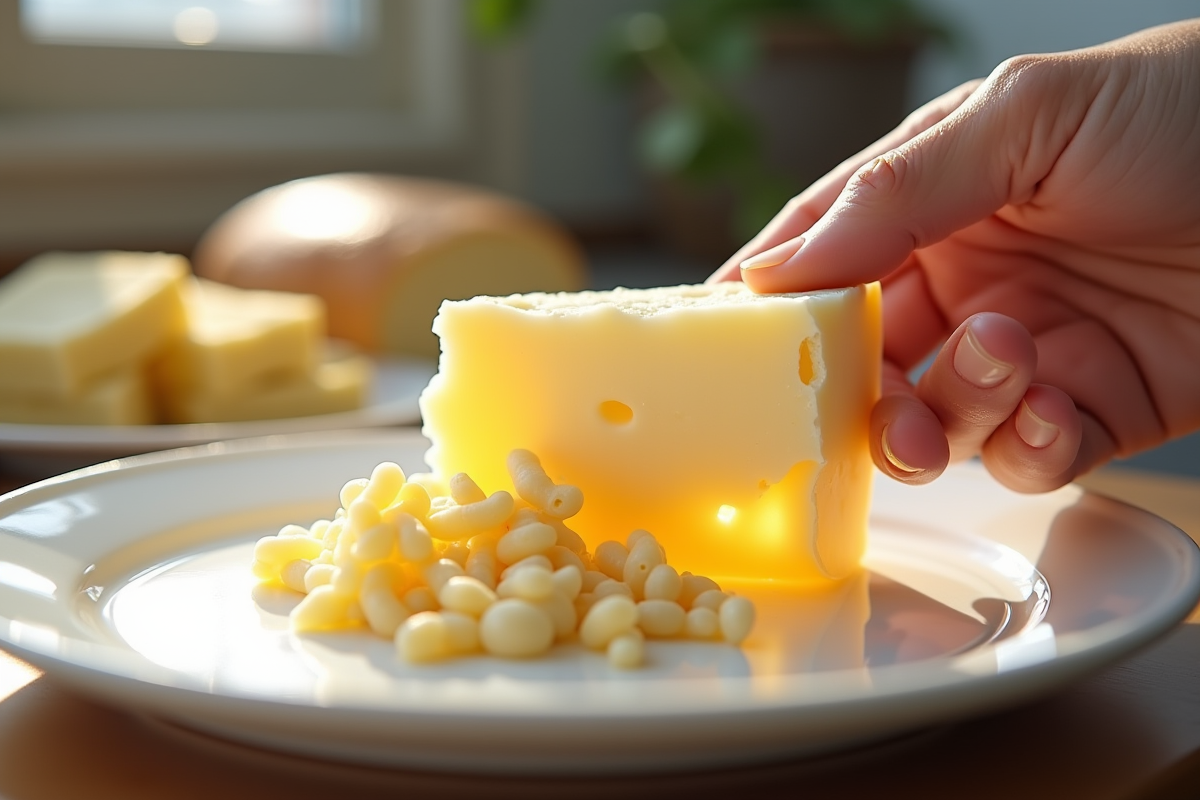 Main tenant une tranche de fromage corse avec larves visibles