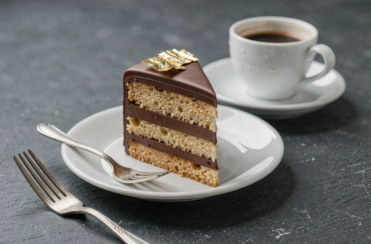 Tranche de gâteau opéra servi sur assiette en porcelaine blanche avec une fourchette en argent et une tasse d'expresso sur ardoise grise