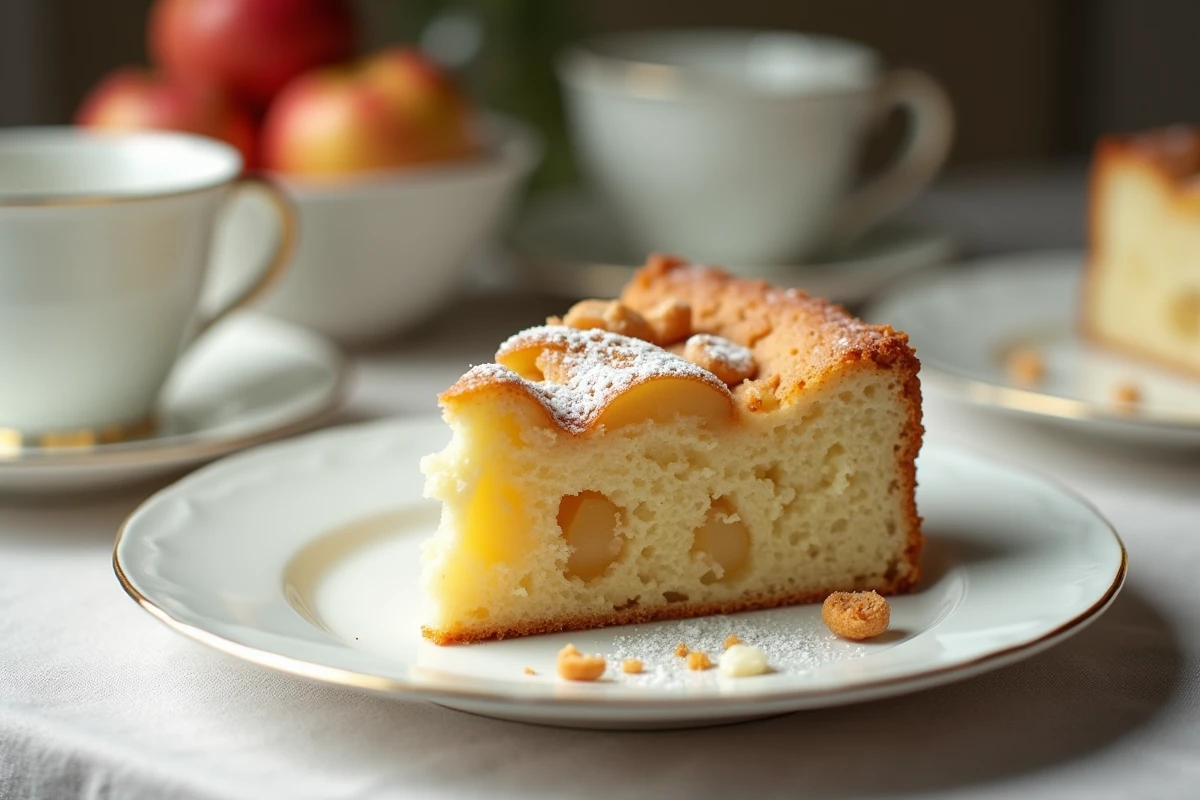 Tranche de gâteau aux pommes et yogourt sur une assiette blanche élégante