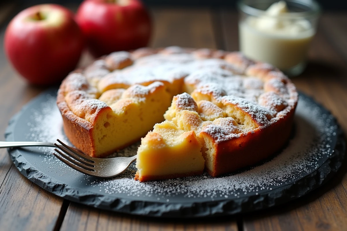 Tranche de gâteau au yaourt pomme moelleux saupoudré de sucre glace servi sur une ardoise avec une fourchette vintage