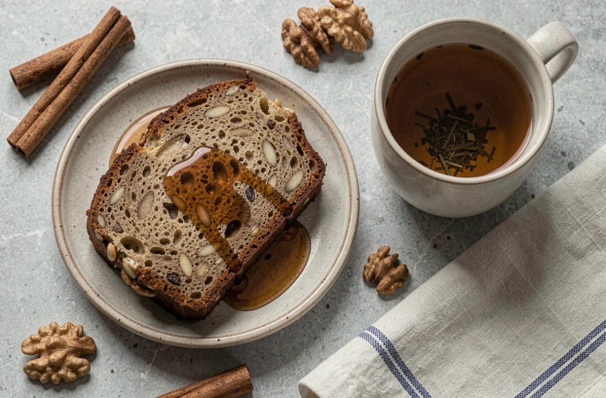 Tranche de pain aux bananes moelleux sur assiette céramique avec noix et thé pour un goûter sain sans sucre raffiné