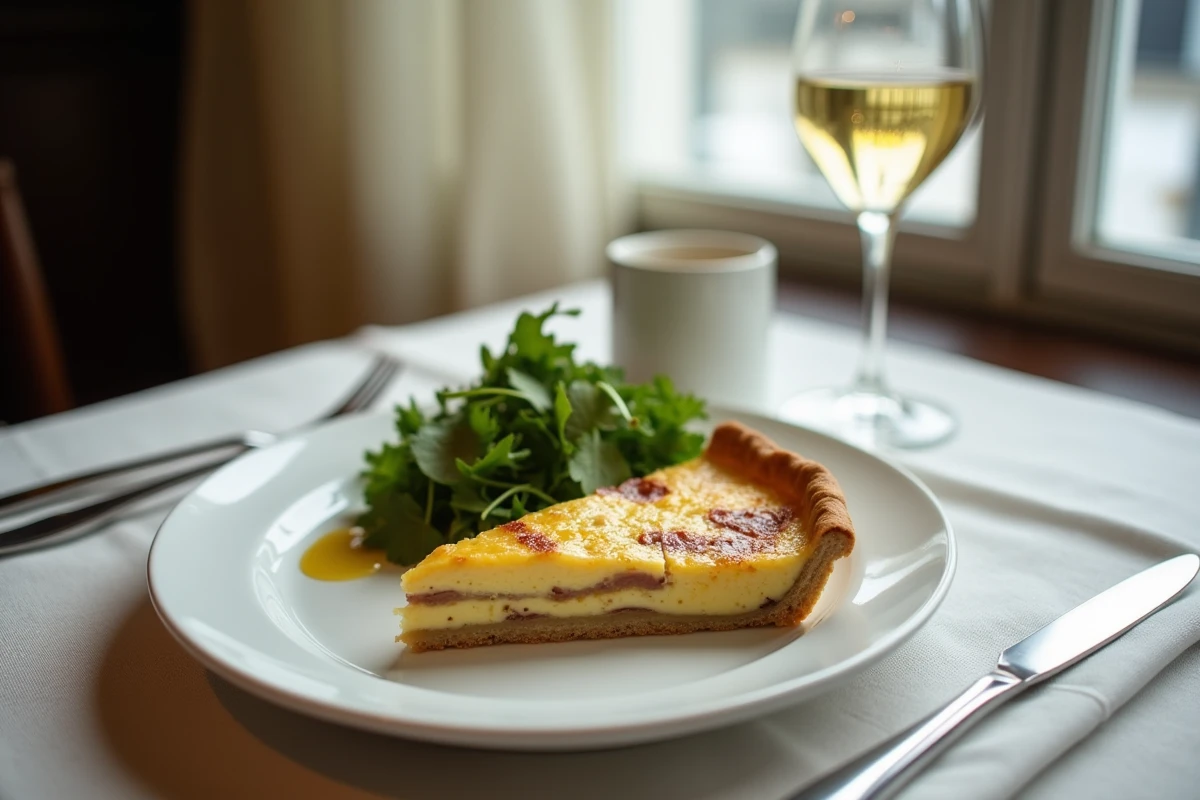 Tranche de quiche lorraine servie dans une assiette blanche avec une salade verte dans un bistrot français