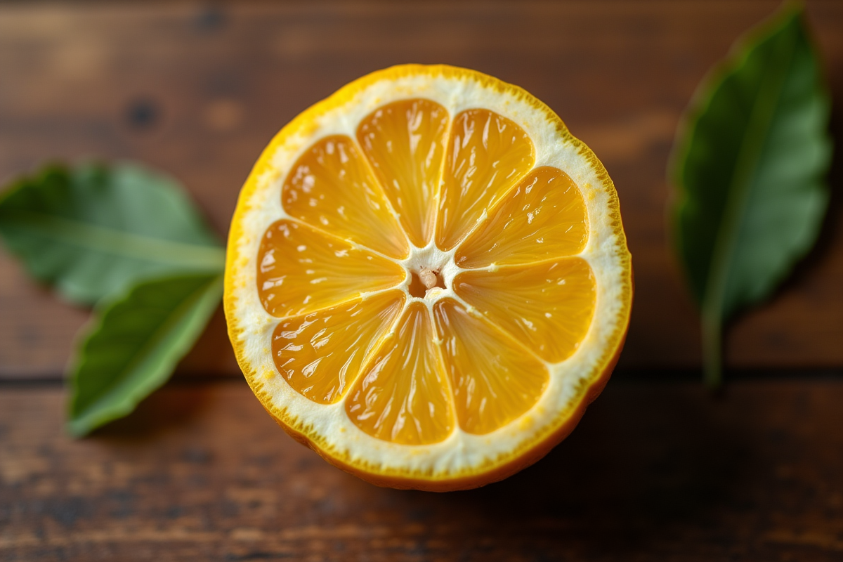 Tranche d ugli fruit sur une table en bois rustique