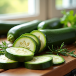 Tranches de courgette fraîches sur une table en bois avec herbes et huile d'olive