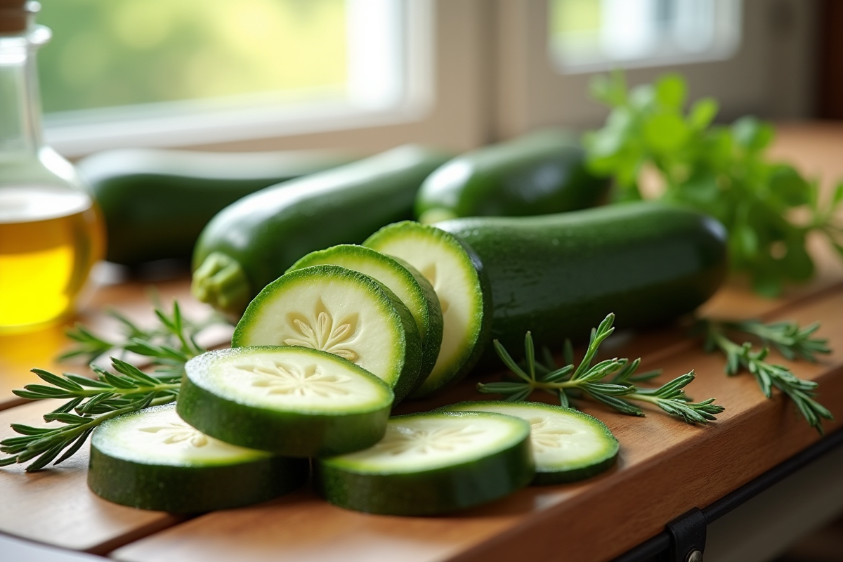 Tranches de courgette fraîches sur une table en bois avec herbes et huile d'olive