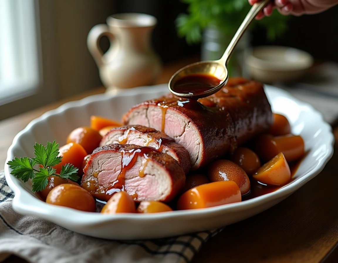 Tranches de rôti de porc en cocotte nappées de jus sur un plat de service avec légumes glacés