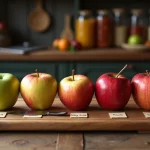 Cinq variétés de pommes différentes alignées sur une planche en bois rustique pour choisir la meilleure pour la pâte de fruit