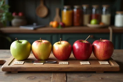 Cinq variétés de pommes différentes alignées sur une planche en bois rustique pour choisir la meilleure pour la pâte de fruit