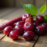 Fèves de velours et prunes Victoria colorées sur une table en bois