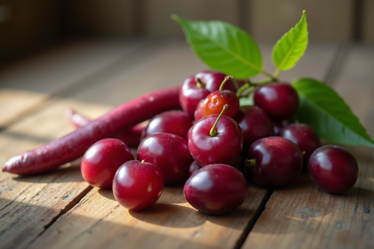 Fèves de velours et prunes Victoria colorées sur une table en bois