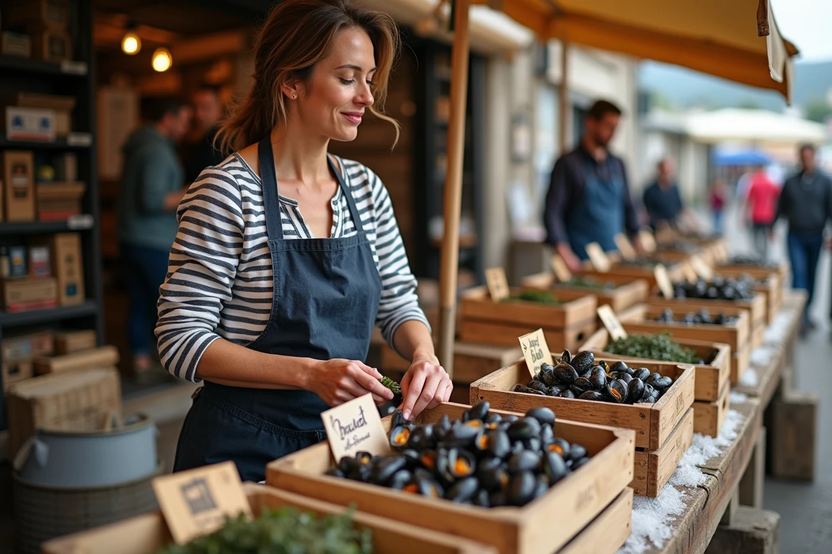 Étale de marché en circuit court avec des moules de bouchot fraîches présentées dans des caisses en bois par une vendeuse en marinière bretonne