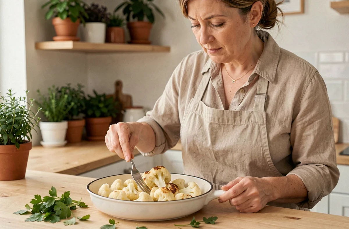 Femme vérifiant la cuisson du chou-fleur surgelé dans une poêle avec une fourchette