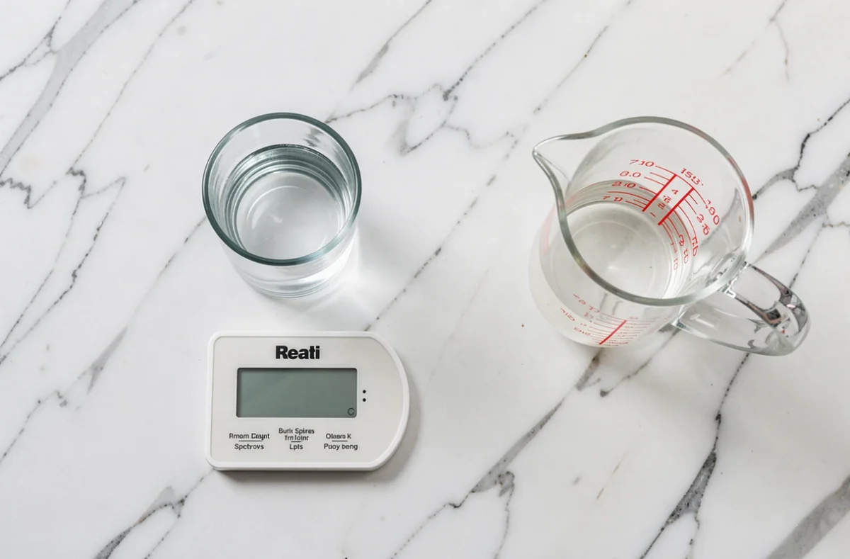 Verre d'eau, balance de cuisine et verre doseur posés côte à côte