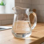 Verre doseur rempli d'eau posé sur un plan de travail en bois