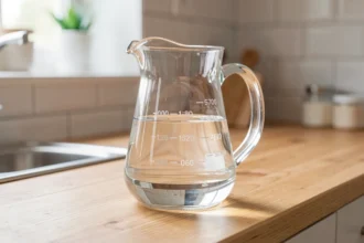 Verre doseur rempli d'eau posé sur un plan de travail en bois