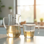 Verre mesureur rempli à 50 cl sur plan de cuisine lumineux