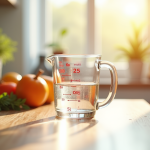 Verre mesureur dans une cuisine lumineuse avec ingrédients frais