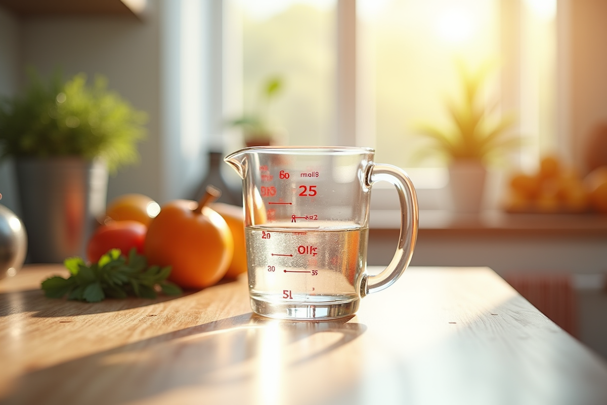 Verre mesureur dans une cuisine lumineuse avec ingrédients frais