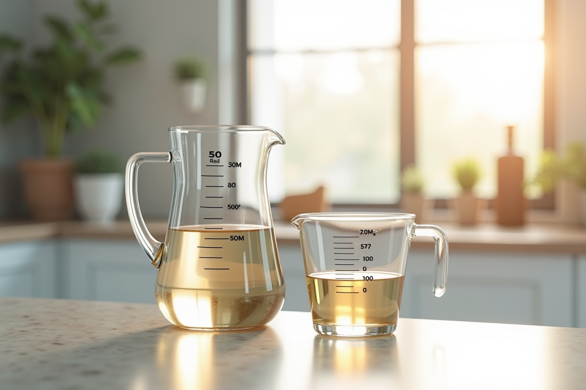 Verre mesureur rempli à 50 cl sur plan de cuisine lumineux