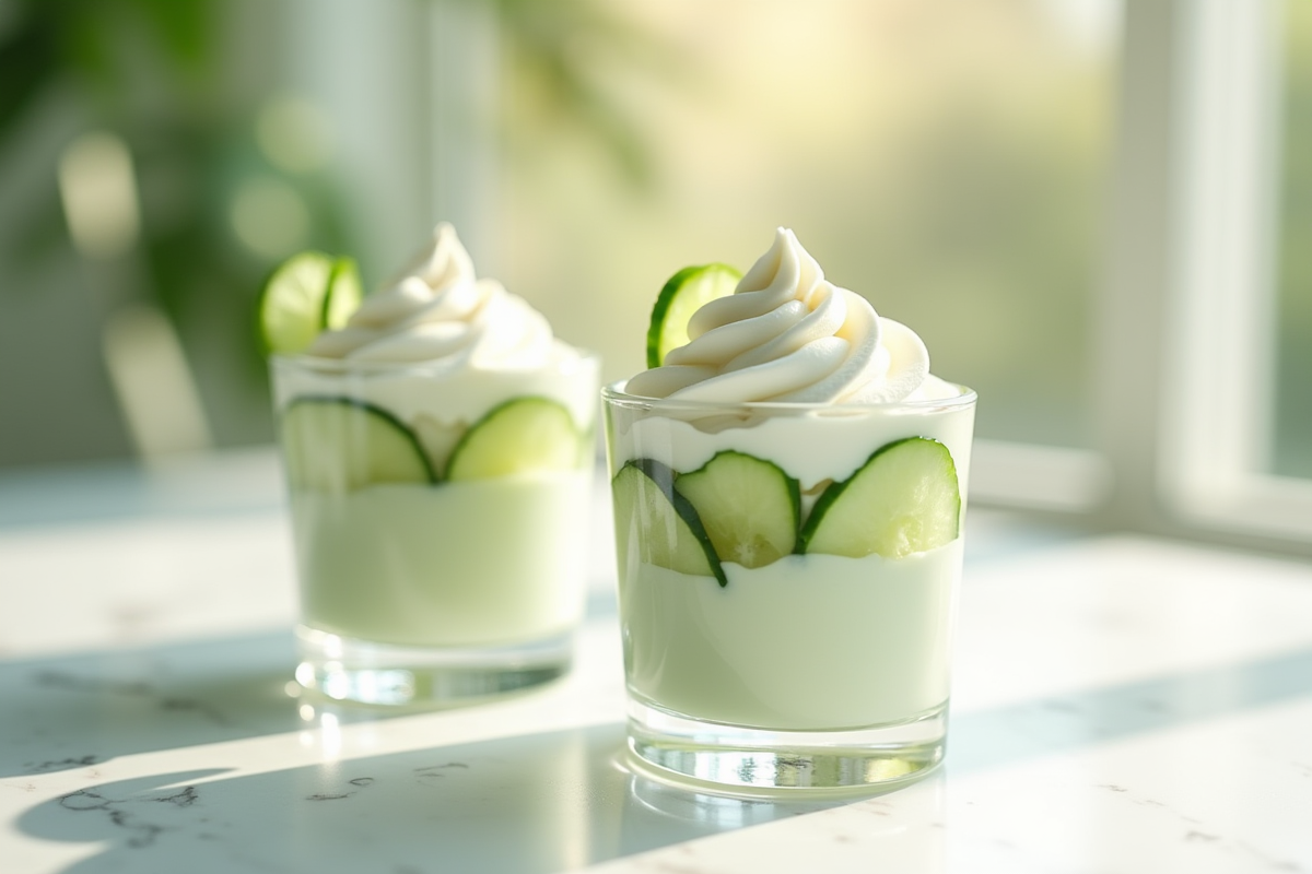 Verrines de dessert au concombre et chantilly sur comptoir lumineux