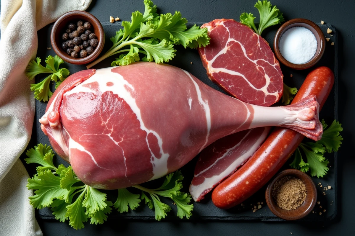 Assortiment de viandes crues pour potée au chou : jarret de porc, lard fumé et saucisse de Morteau sur ardoise