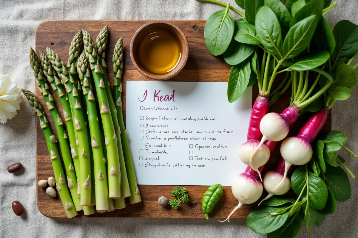 Vue de dessus d'un assortiment de légumes de printemps frais d'avril disposés sur une table en bois avec une fiche recette végétarienne