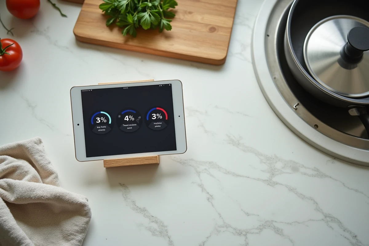 Vue en plongée d'une tablette affichant un minuteur de cuisson en ligne avec plusieurs comptes à rebours simultanés posée sur un plan de travail de cuisine en cours d'utilisation