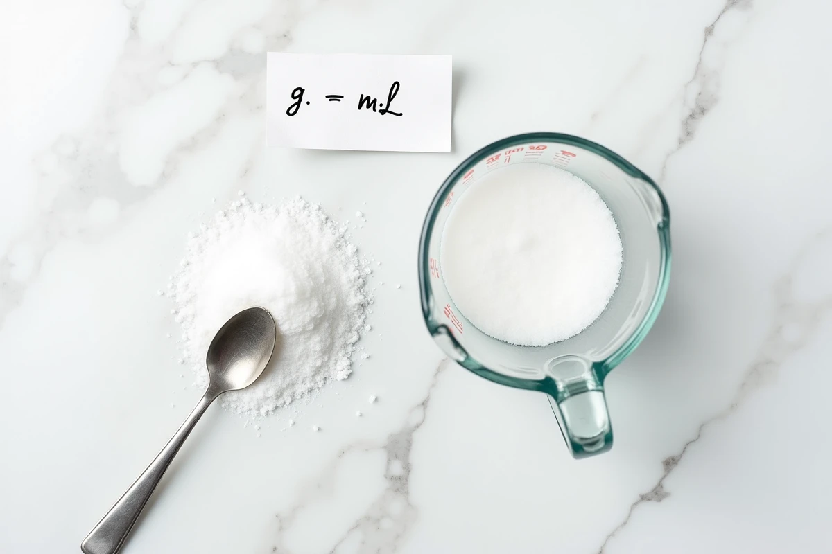 Vue de dessus d'un verre doseur rempli de sucre et d'une cuillère à café sur marbre blanc avec note manuscrite de conversion grammes millilitres