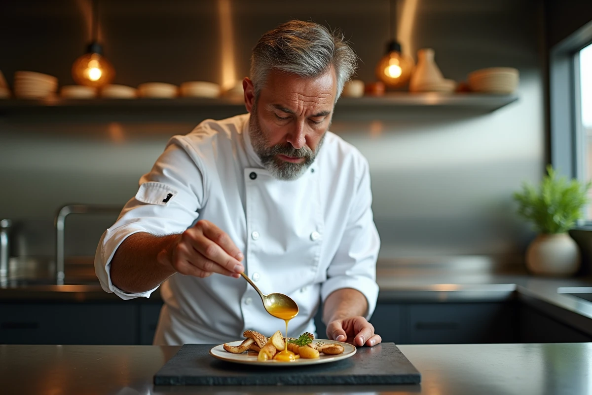 Yannick Alléno nappant une réduction de sauce dorée sur un plat gastronomique francilien à base de produits du terroir d'Île-de-France